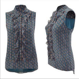 CAbi sleeveless ruffled teal/orange top Style # 3275 Modern Medallion Reign Sz S